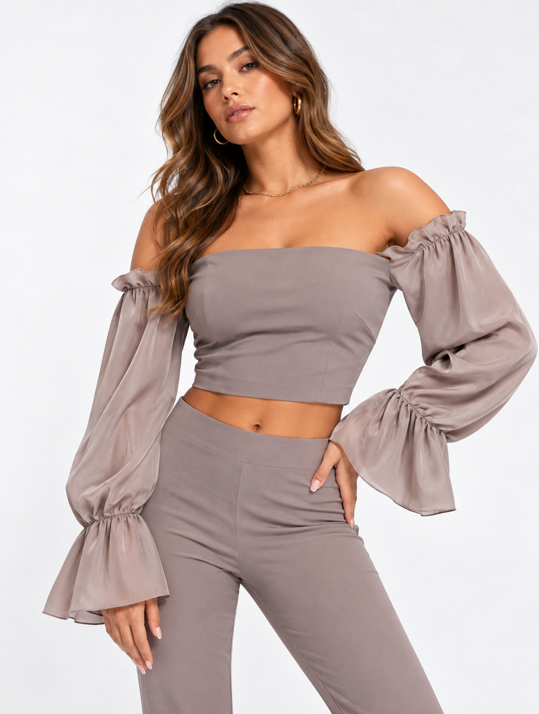 Vesper Womens Tall Off Shoulder Crop Top With Ruffle Detail In Brown