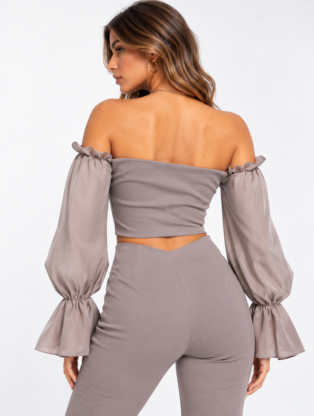 Vesper Womens Tall Off Shoulder Crop Top With Ruffle Detail In Brown