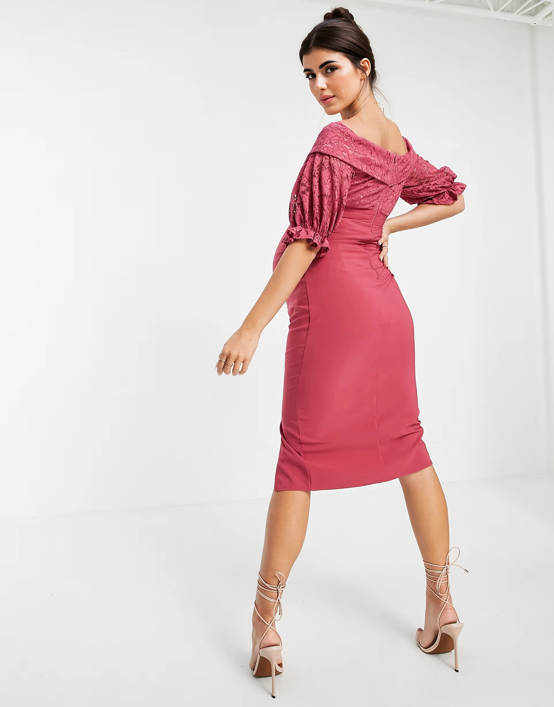 Womens Little Mistress Maternity Off Shoulder Flutter Sleeve Midi Dress With Split in Cosmetic Rose