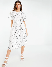 Womens influence Puff Sleeve Cotton Poplin Midi Dress in Polka Dot