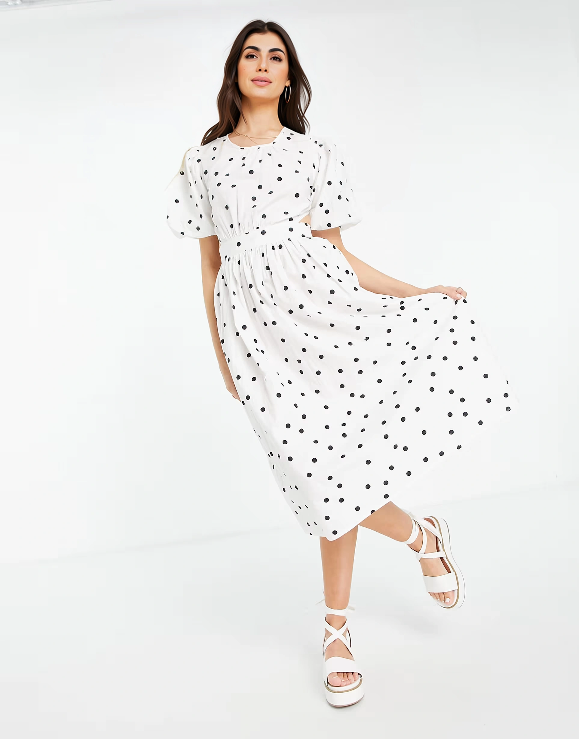 Womens influence Puff Sleeve Cotton Poplin Midi Dress in Polka Dot