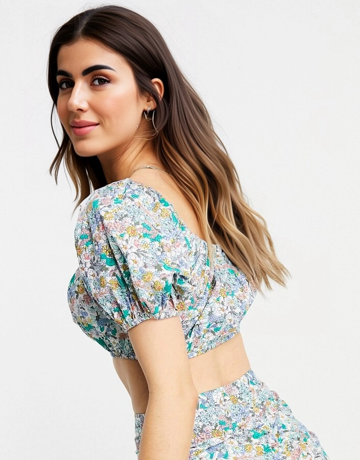 Womens influence Puff Sleeve Printed Cotton Crop Top Co-Ord in Floral Print