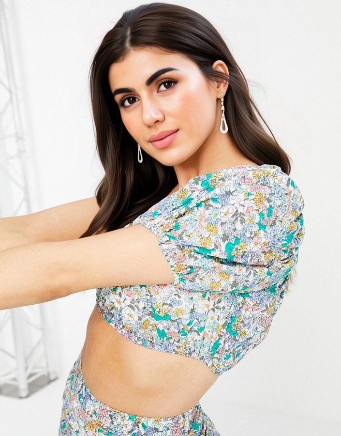 Womens influence Puff Sleeve Printed Cotton Crop Top Co-Ord in Floral Print