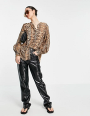 Mango Womens Collarless Shirt in Snake In Multi