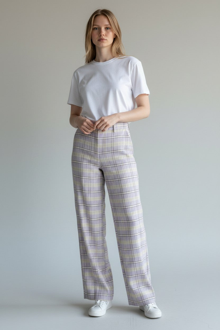 Monki Womens Stacy Co-Ord Check Flare Trousers in Lilac