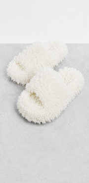 Loungeable Womens Curly Faux Furl Slider in Cream