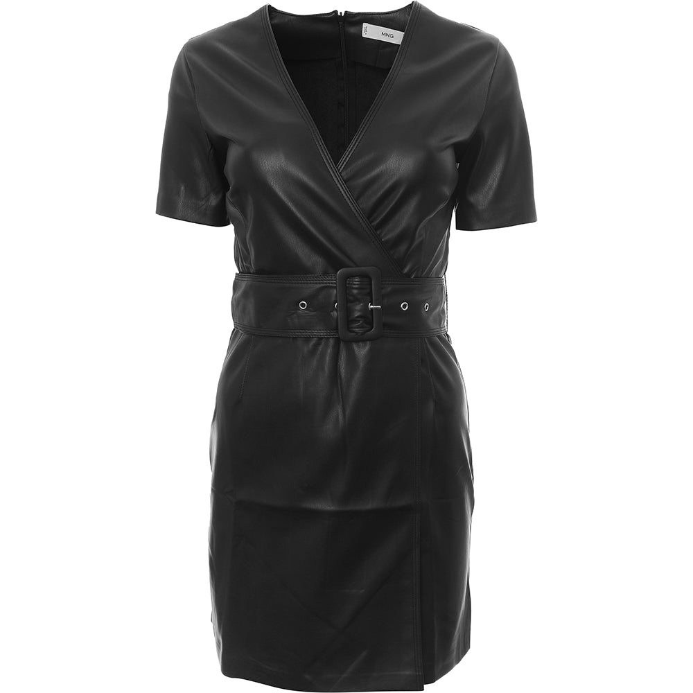 Womens Mango Faux Leather Wrap Dress In Black