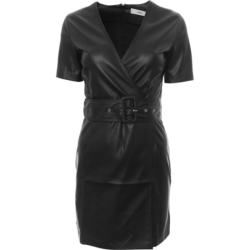 Womens Mango Faux Leather Wrap Dress In Black