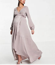 Womens Little Mistress Maternity Wrap Tie Satin Midaxi Dress in Oyster Grey