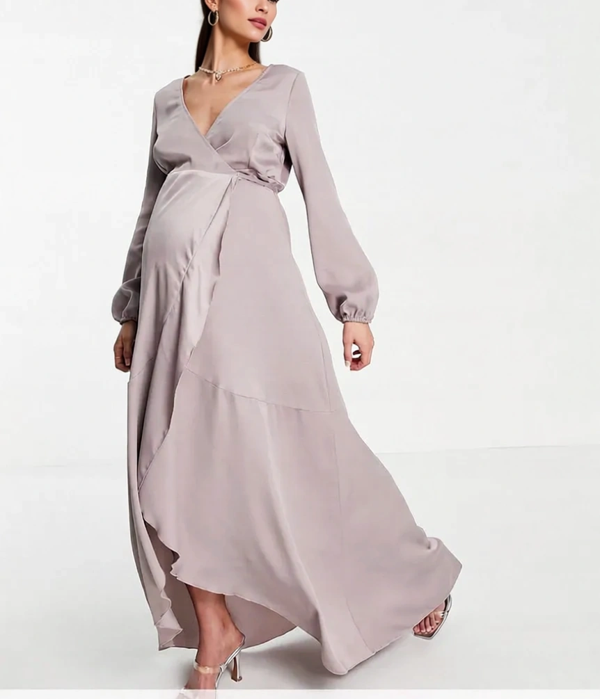Womens Little Mistress Maternity Wrap Tie Satin Midaxi Dress in Oyster Grey