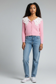 Glamorous Womens Cropped Vintage Style Cardigan With Lace Collar In Pink