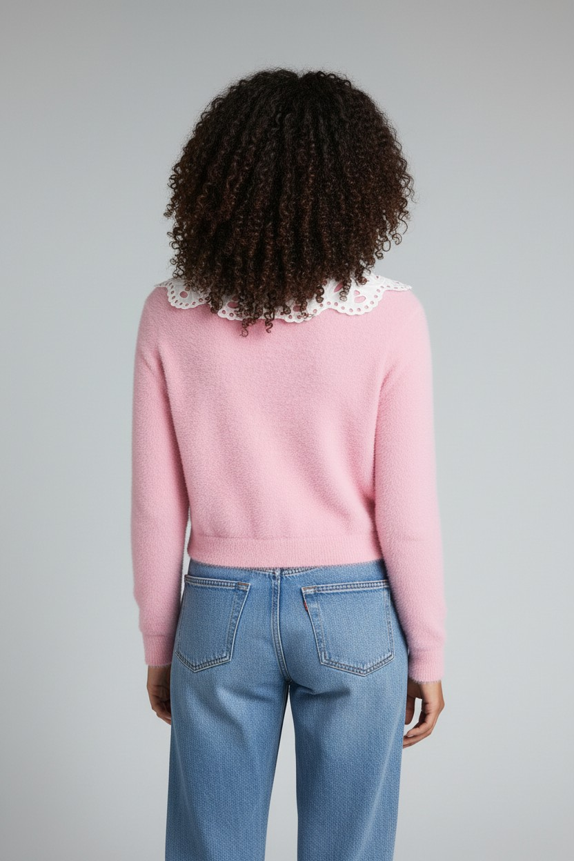 Glamorous Womens Cropped Vintage Style Cardigan With Lace Collar In Pink