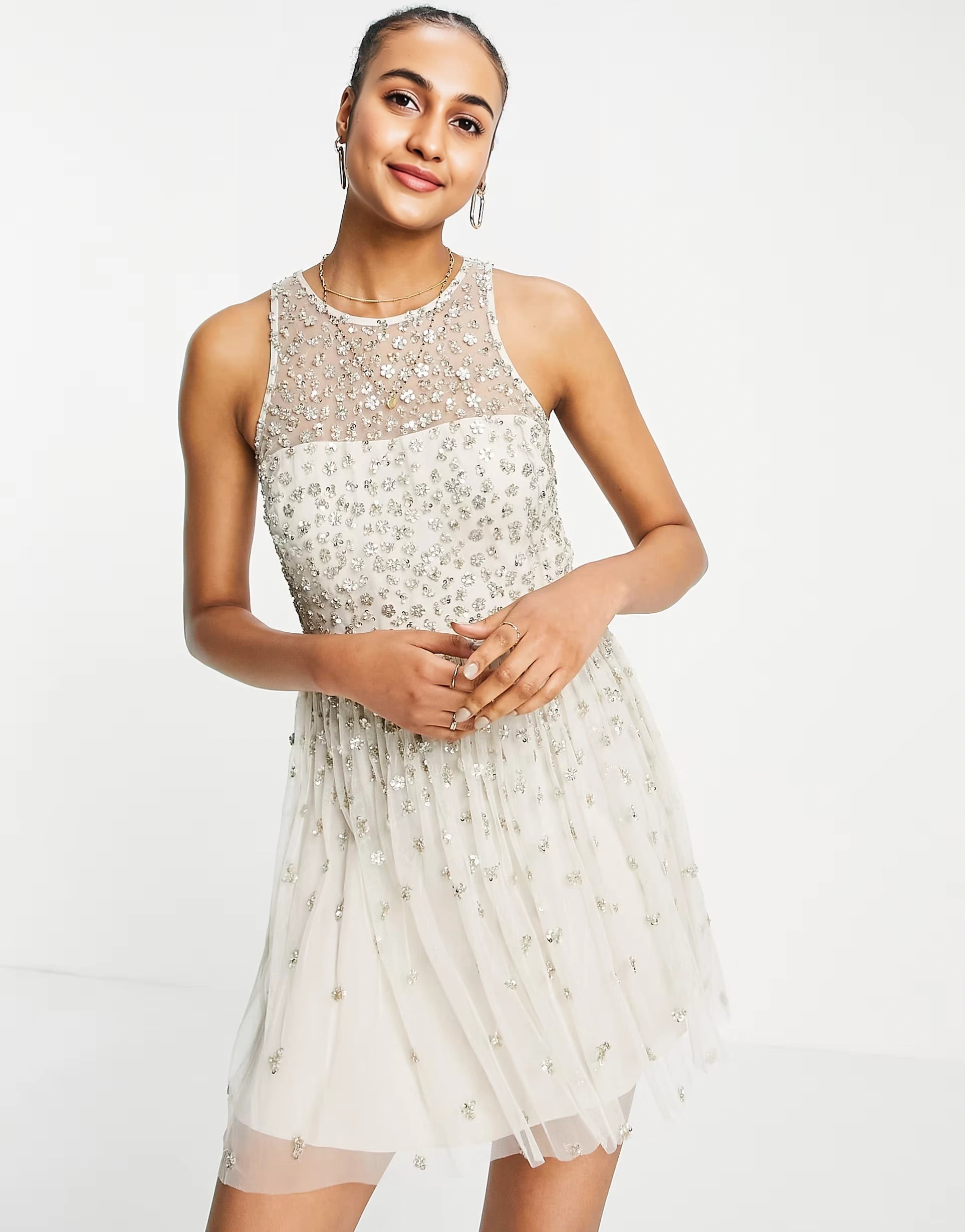 French Connection Womens Elin Embellished Sequin Mini Dress in Cream In White