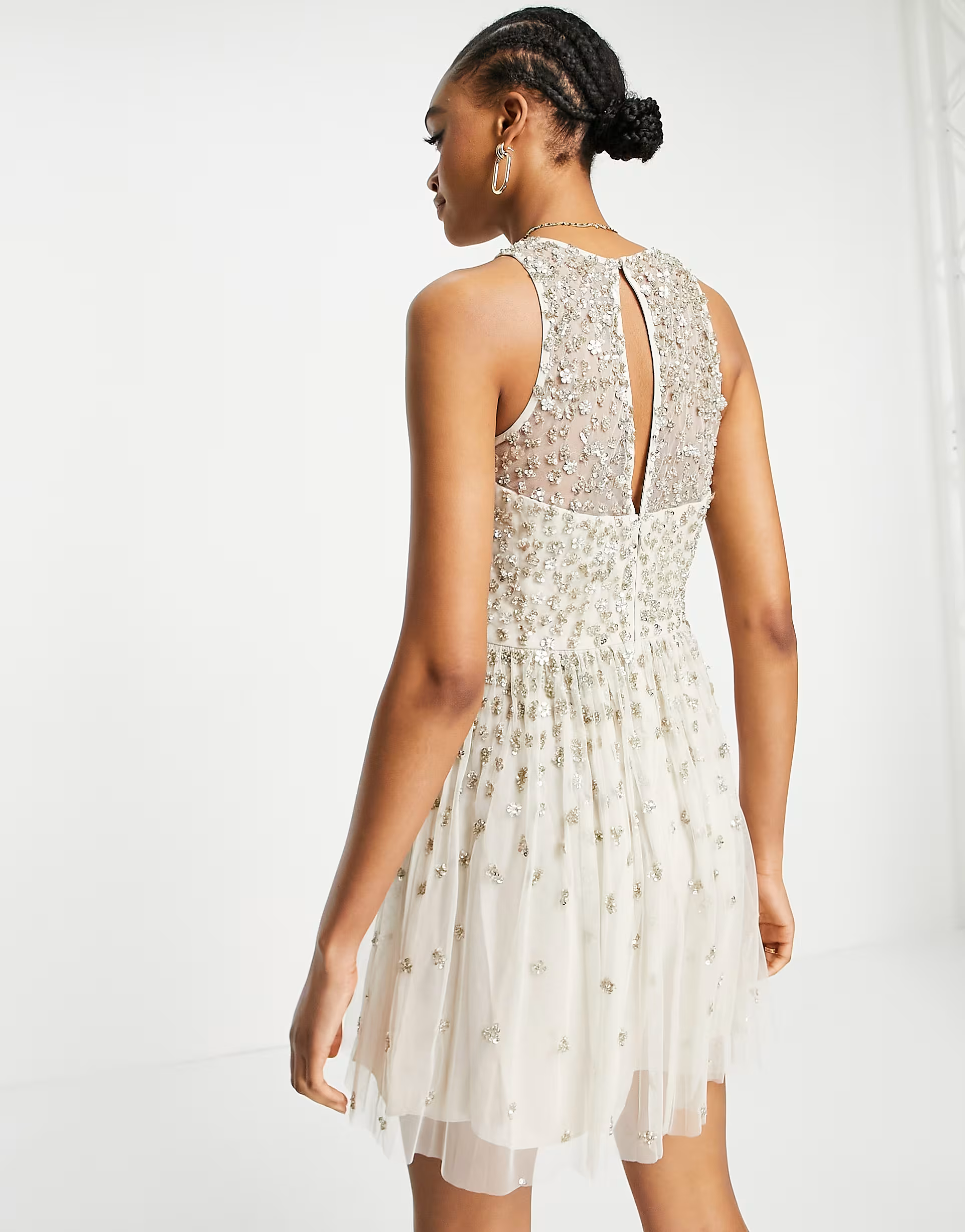 French Connection Womens Elin Embellished Sequin Mini Dress in Cream In White