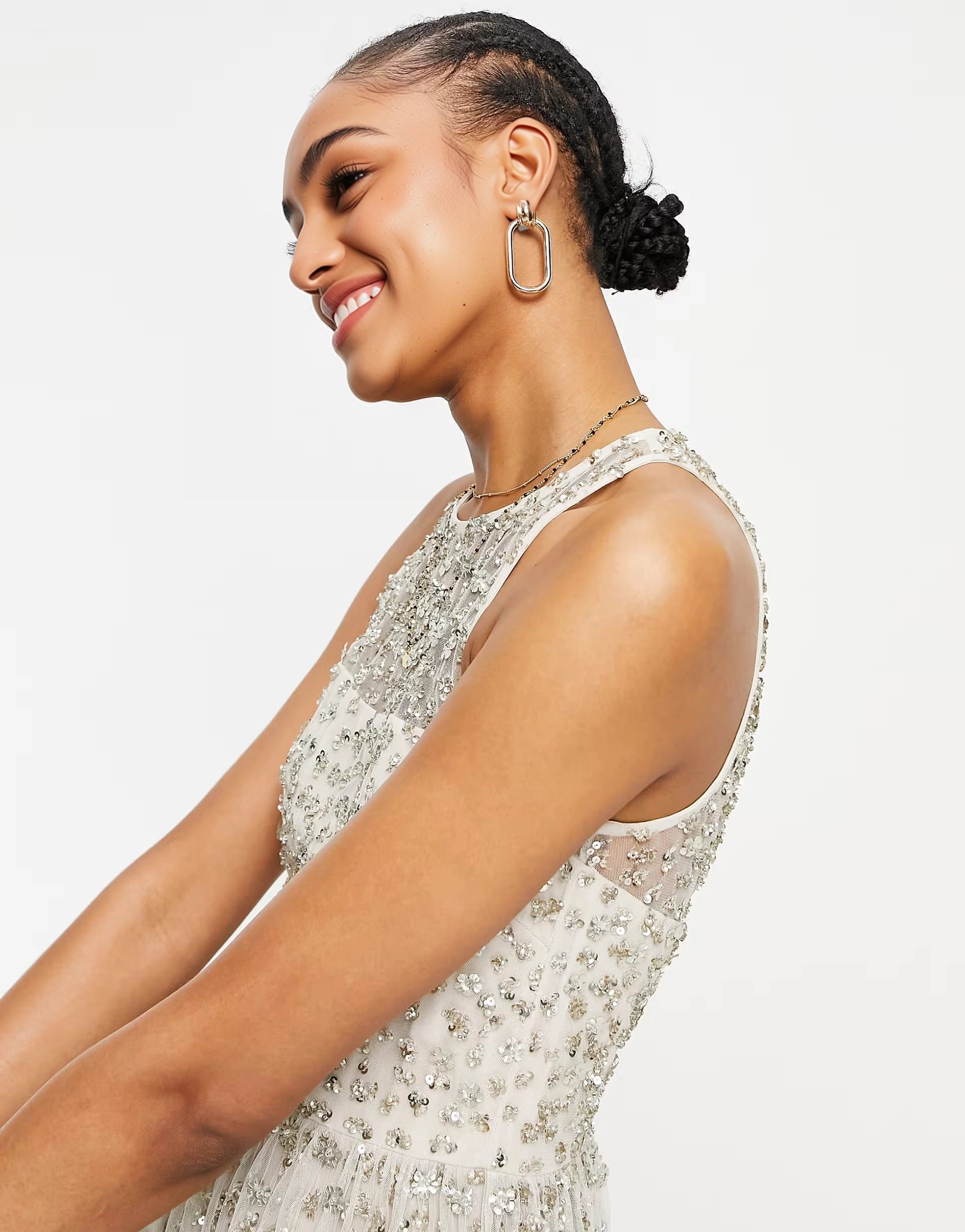 French Connection Womens Elin Embellished Sequin Mini Dress in Cream In White