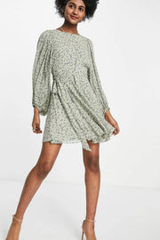 Womens Forever New Open Back Volume Sleeve Mini Dress With Tie Waist in Green Ditsy Floral
