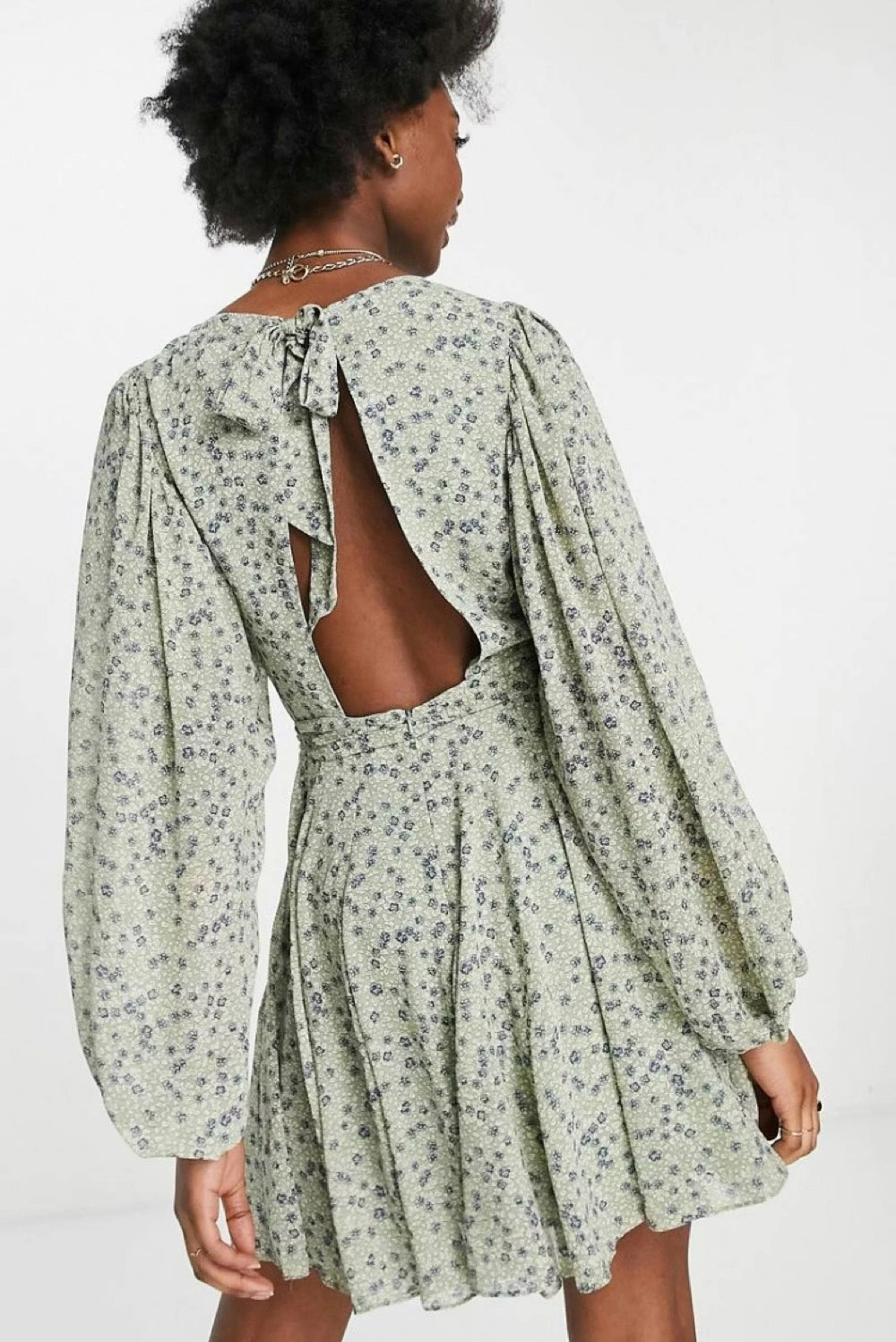 Womens Forever New Open Back Volume Sleeve Mini Dress With Tie Waist in Green Ditsy Floral