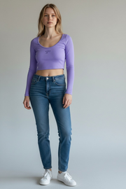 Reebok Womens Small Central Logo Cropped Long Sleeve Top in Purple
