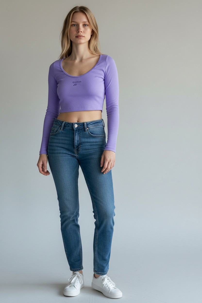 Reebok Womens Small Central Logo Cropped Long Sleeve Top in Purple