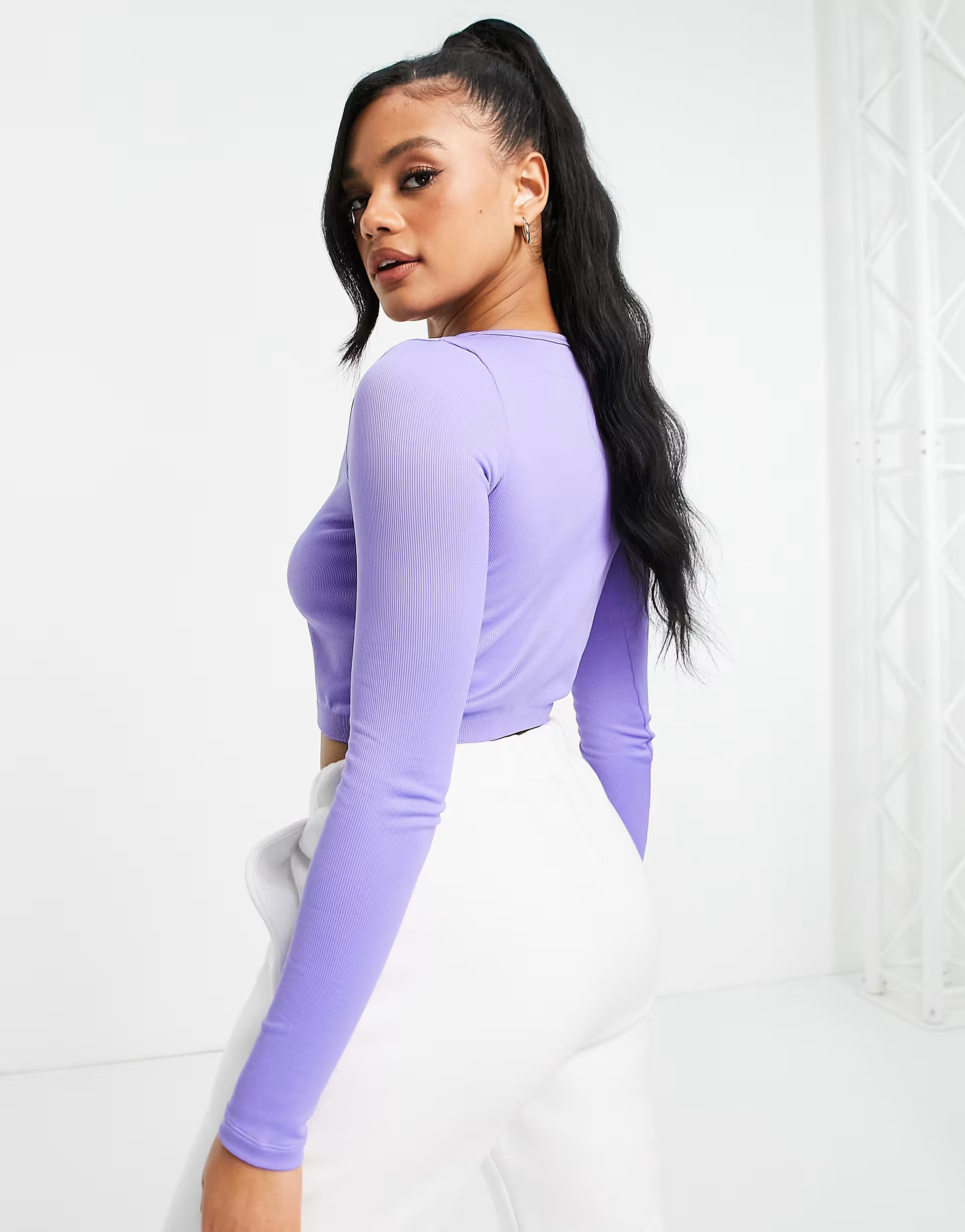 Reebok Womens Small Central Logo Cropped Long Sleeve Top in Purple