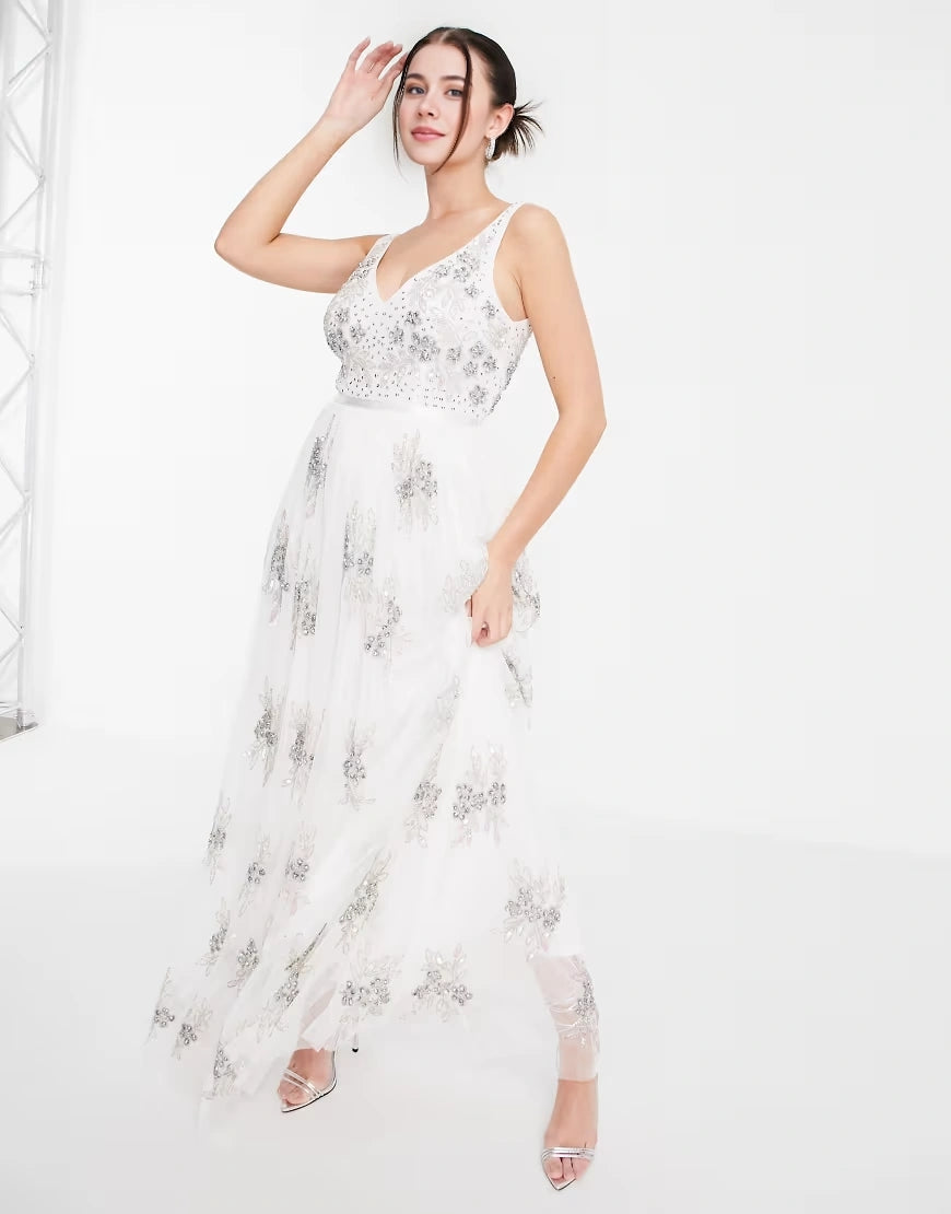 Maya Womens Embellished Column Maxi Dress In White