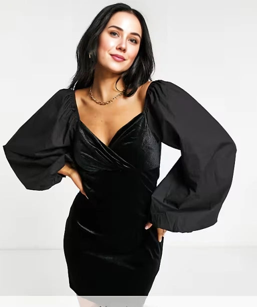 Missguided Womens Velvet Wrap Dress With Poplin Sleeve In Black