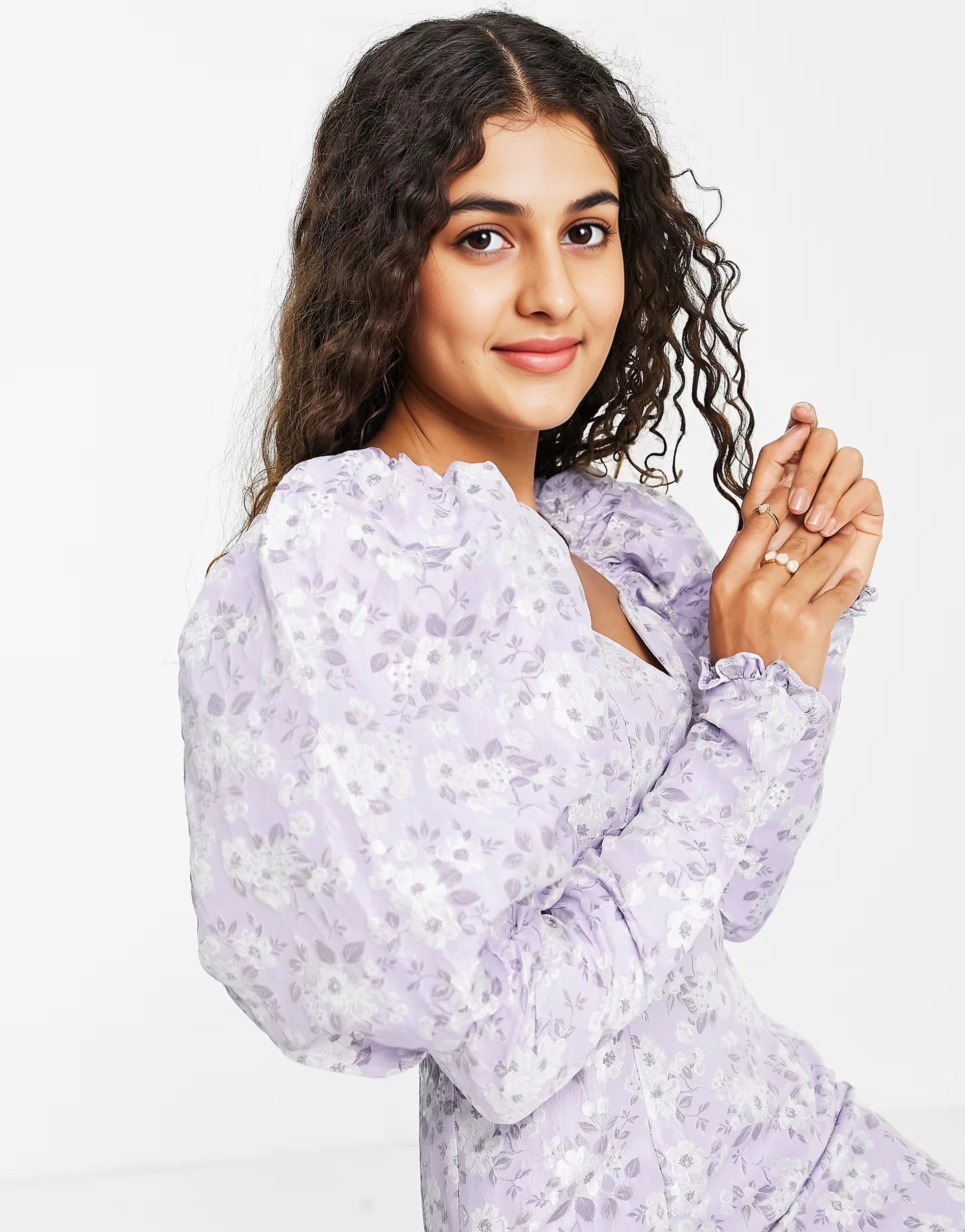 Collective The Label Womens Petite Statement Shoulder Sweetheart Mini Dress in Pewter Floral In Purple