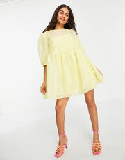 Collective The Label Womens Petite Puff Sleeve Mini Shift Dress in Lemon Yellow In Yellow