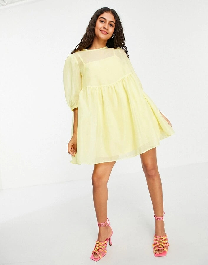 Collective The Label Womens Petite Puff Sleeve Mini Shift Dress in Lemon Yellow In Yellow