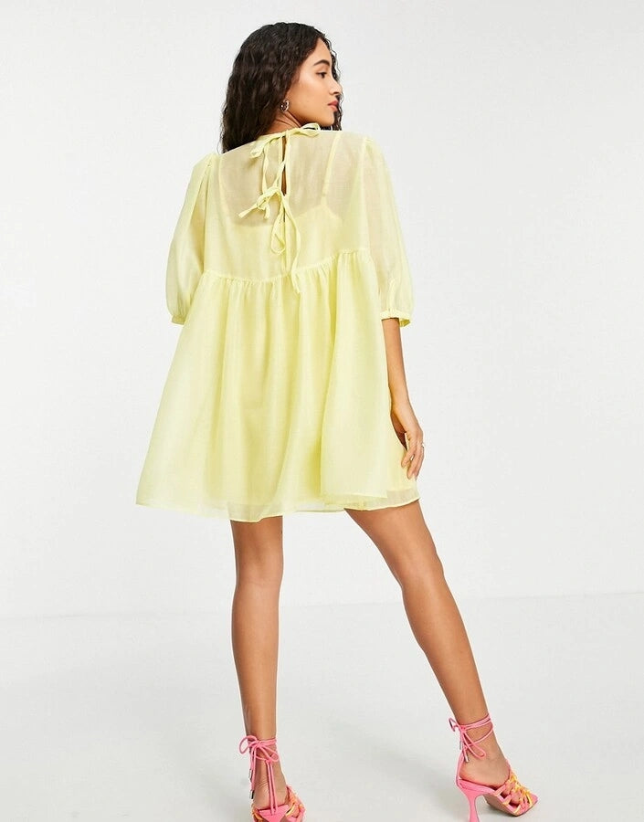 Collective The Label Womens Petite Puff Sleeve Mini Shift Dress in Lemon Yellow In Yellow