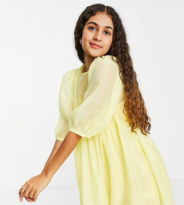 Collective The Label Womens Petite Puff Sleeve Mini Shift Dress in Lemon Yellow In Yellow