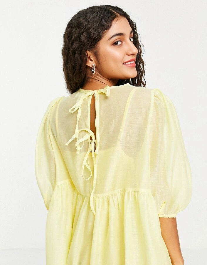 Collective The Label Womens Petite Puff Sleeve Mini Shift Dress in Lemon Yellow In Yellow