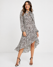 Lola May Womens Tie Neck Midi Smock Dress in Leopard Print