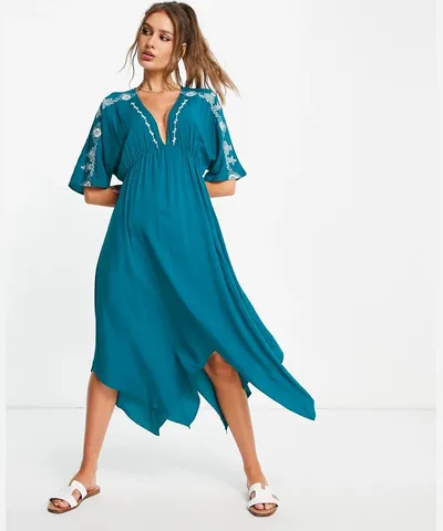 En Creme Womens V Neck Midi Smock Dress With Embroidery Detail in Teal