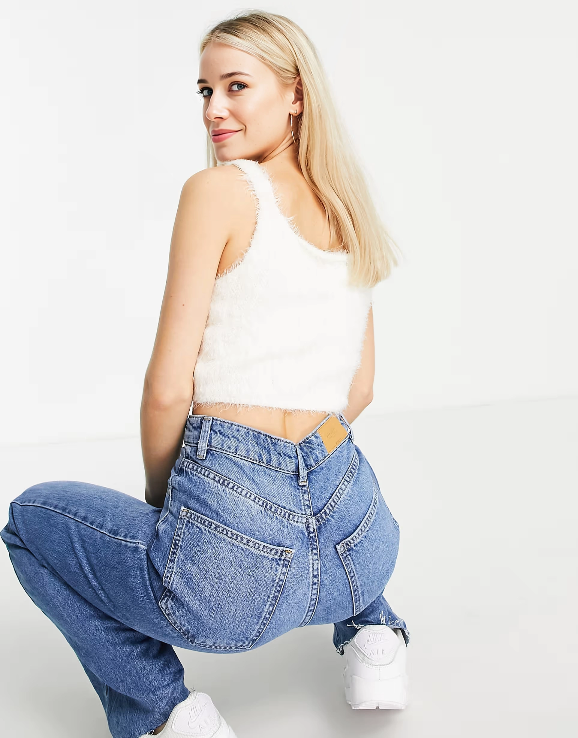 Threadbare Womens Petite Carly Eyelash Knit Crop Top in Off White