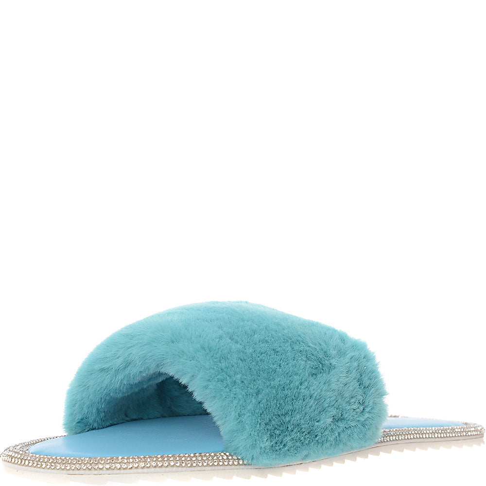 Public Desire Wide Fit Womens Starlight Fluffy Slippers in Turquoise