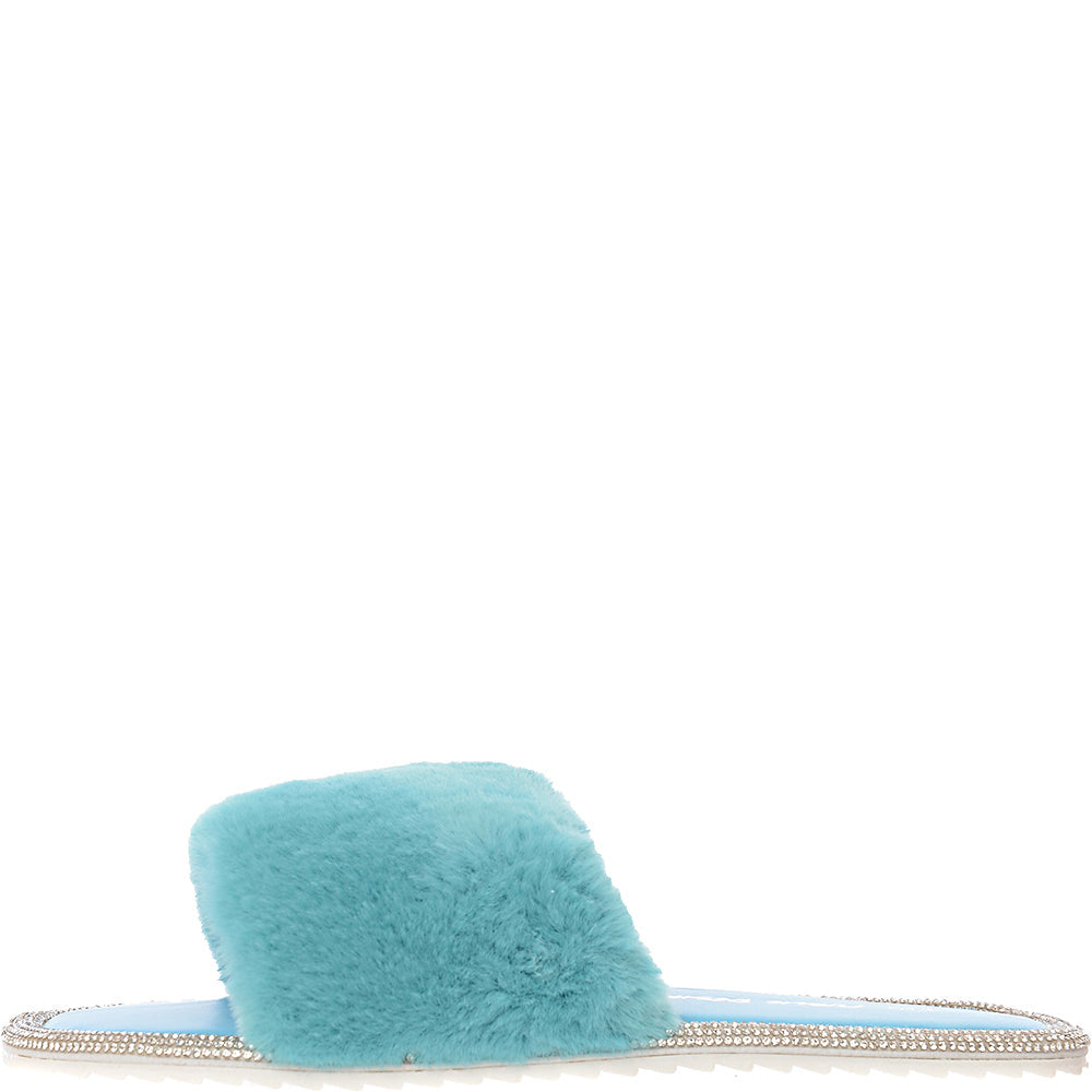 Public Desire Wide Fit Womens Starlight Fluffy Slippers in Turquoise