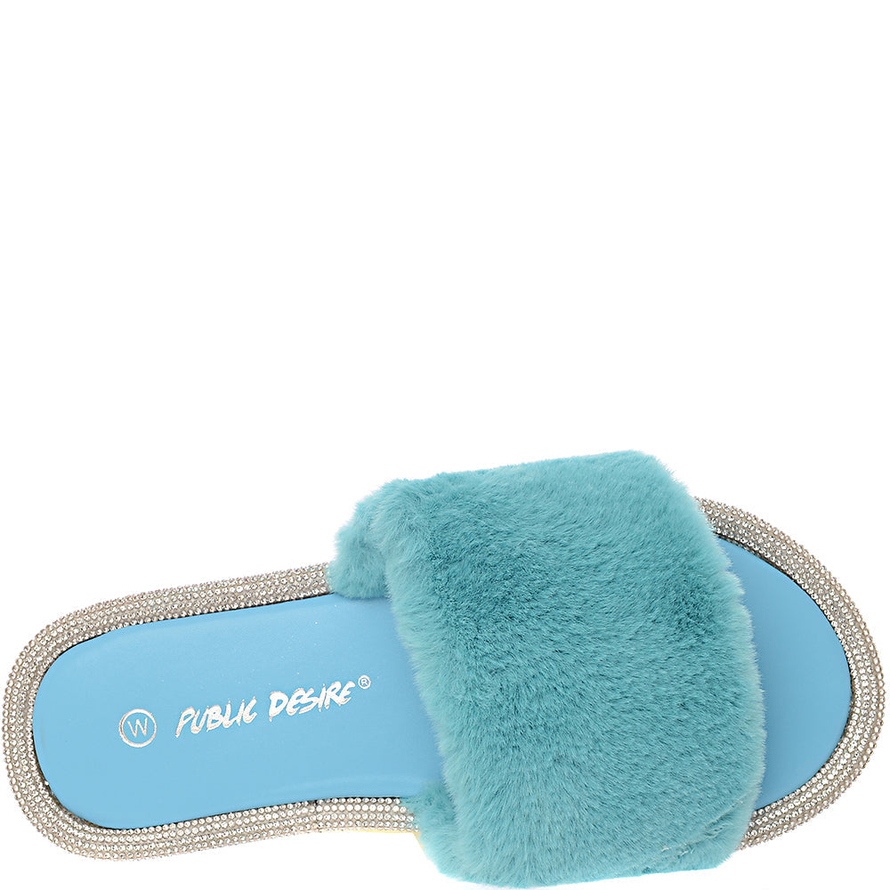 Public Desire Wide Fit Womens Starlight Fluffy Slippers in Turquoise