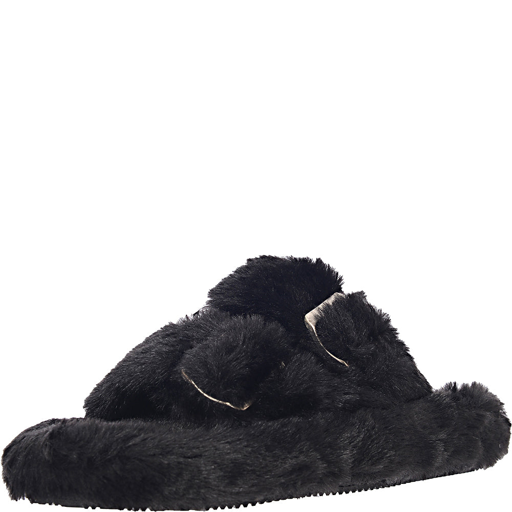 Simmi Shoes Womens Lotus Fluffy Buckle Slippers in Black