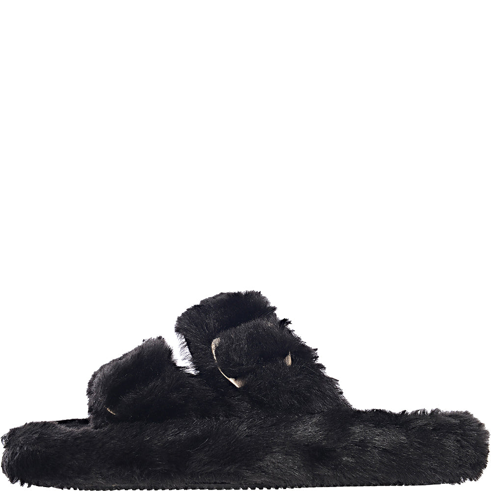 Simmi Shoes Womens Lotus Fluffy Buckle Slippers in Black