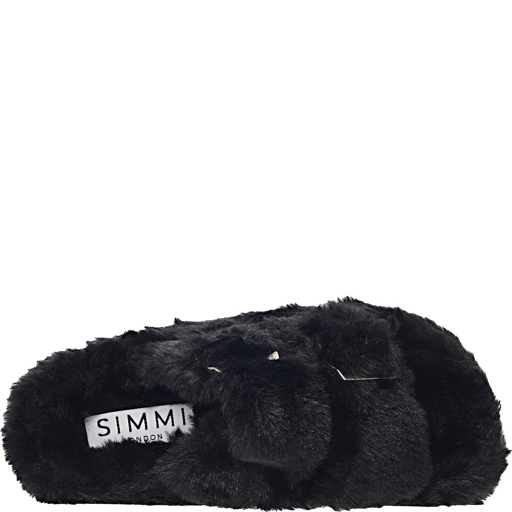 Simmi Shoes Womens Lotus Fluffy Buckle Slippers in Black