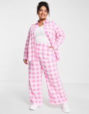 Neon Rose Plus Womens Oversized Shirt With Frill Edge Pockets in Pink Check