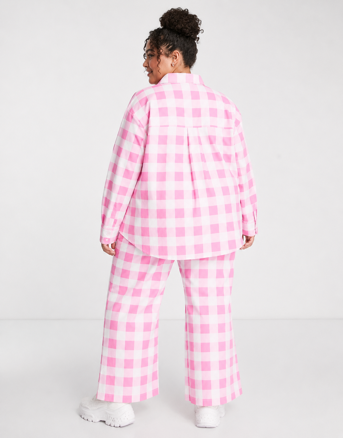 Neon Rose Plus Womens Oversized Shirt With Frill Edge Pockets in Pink Check