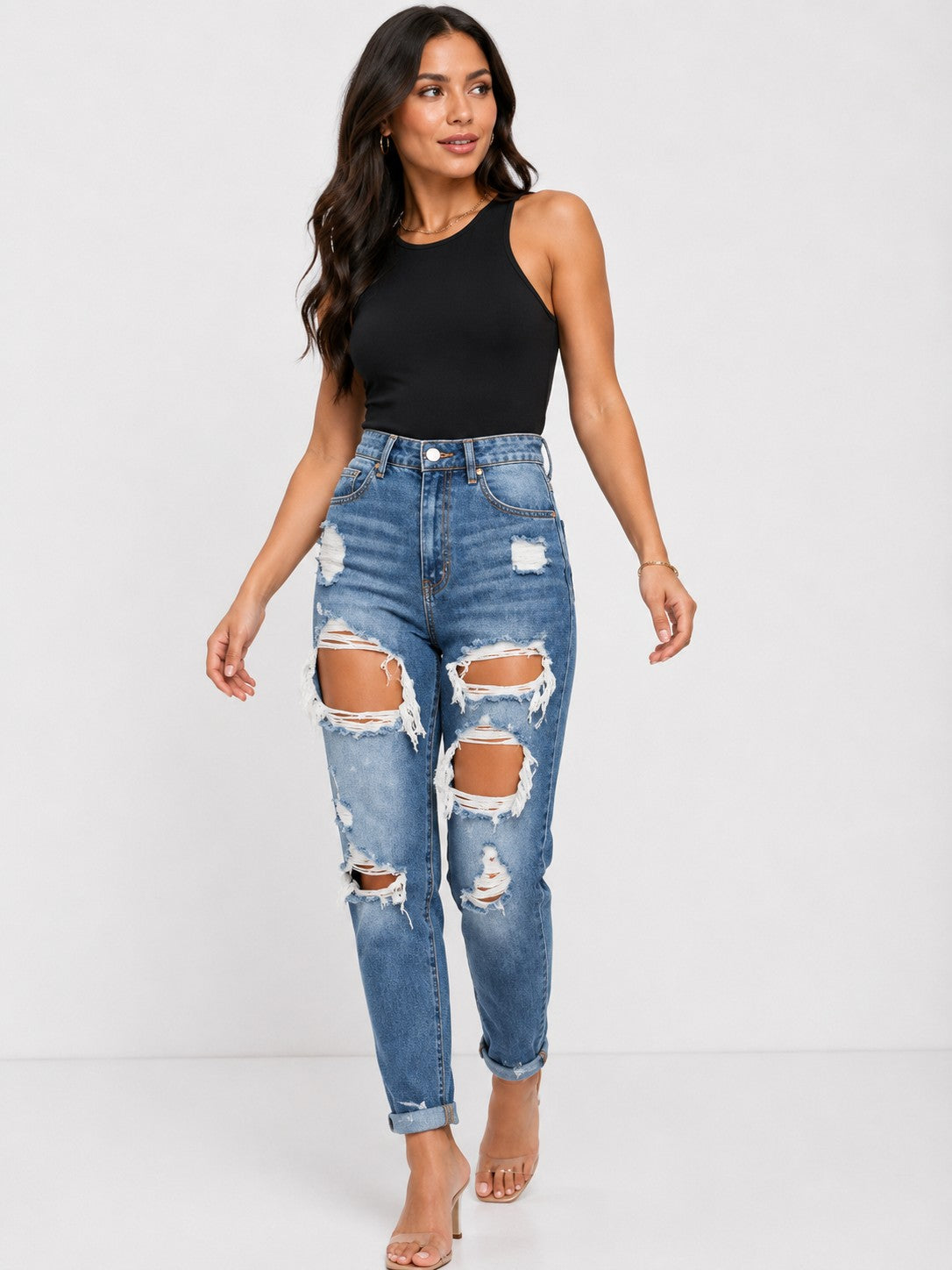 Missguided Petite Womens Riot High Rise Jean With Rips In Blue