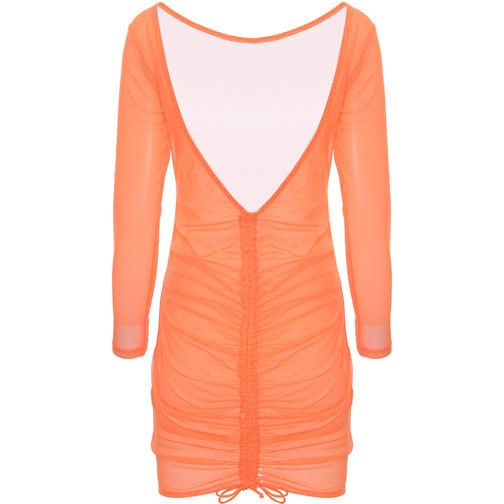 Candypants Women's Orange Mesh Beach Dress With Ruching Detail