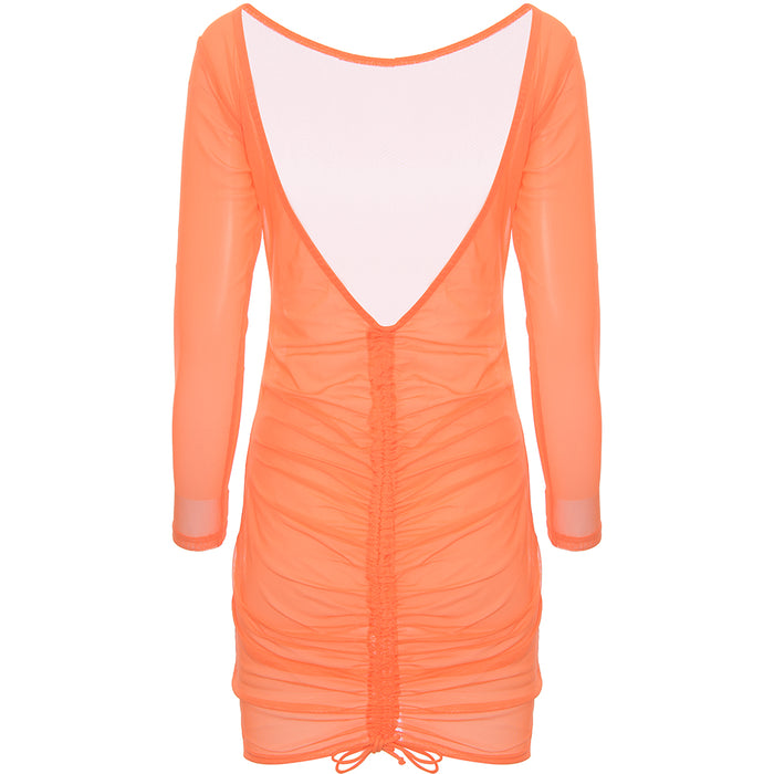 Candypants Women's Orange Mesh Beach Dress With Ruching Detail