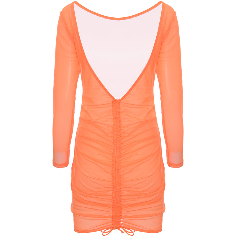 Candypants Women's Orange Mesh Beach Dress With Ruching Detail