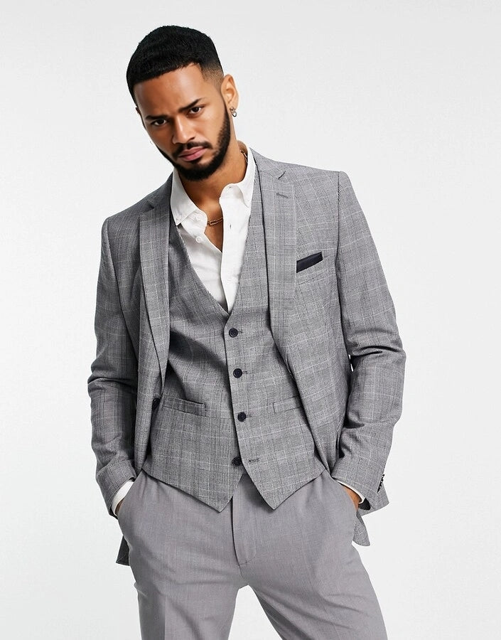 French Connection Mens Slim Fit Prince Of Wales Check Suit Jacket In Grey