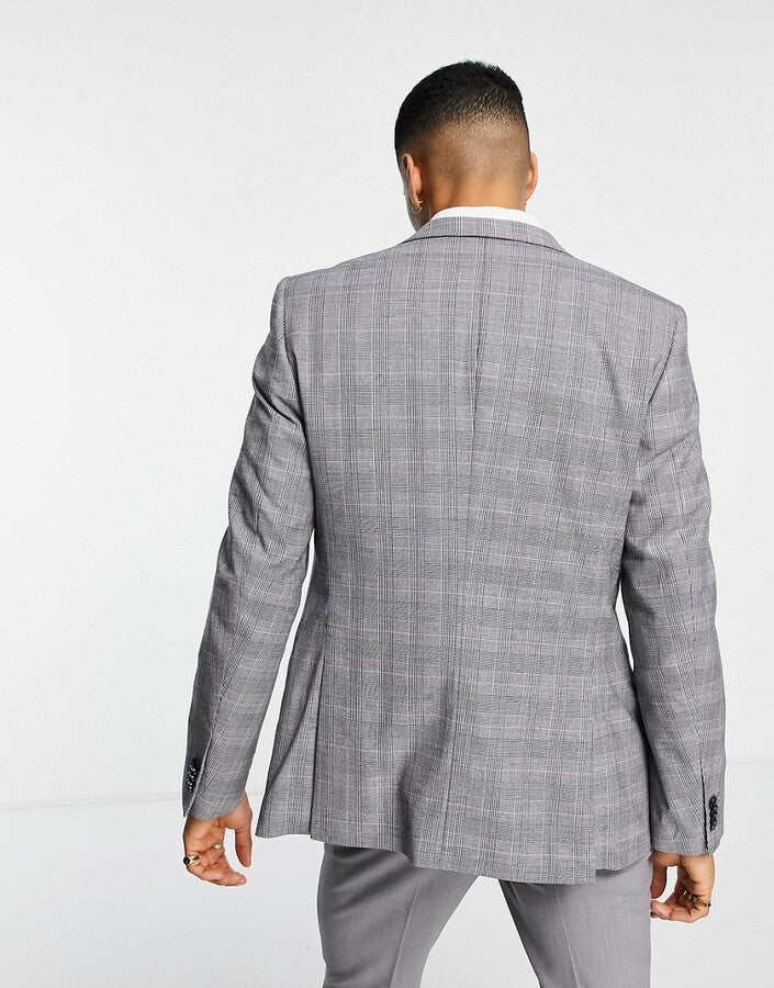 French Connection Mens Slim Fit Prince Of Wales Check Suit Jacket In Grey