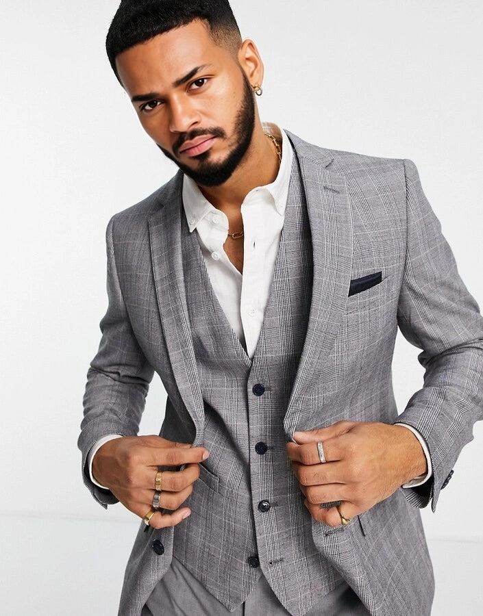 French Connection Mens Slim Fit Prince Of Wales Check Suit Jacket In Grey